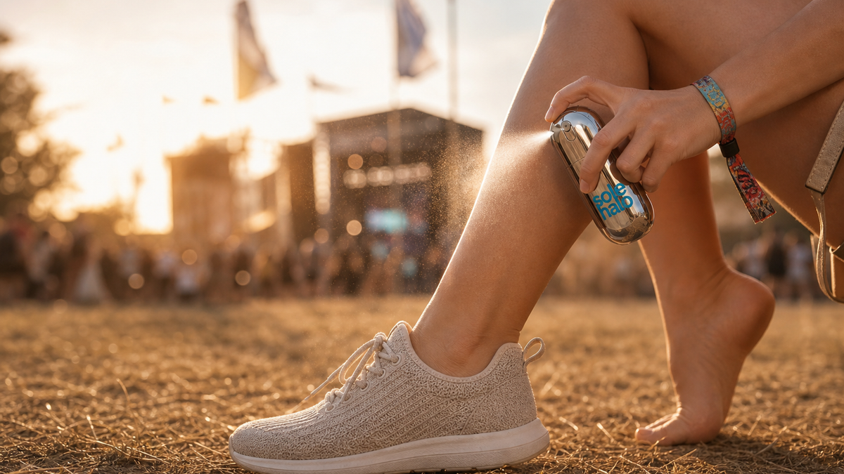 Close-up of festival attendee cooling hot, tired feet with a portable spray while sitting on the grass between sets.