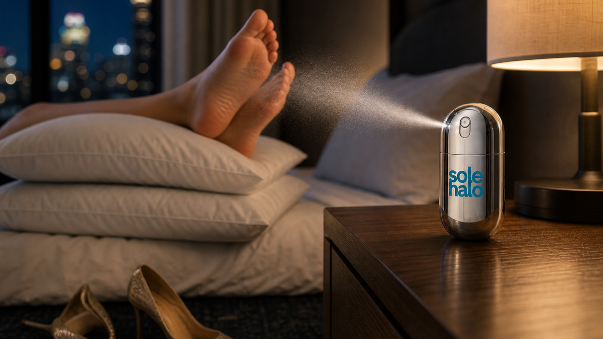 Close-up of a person kicking off heels after a wedding reception, spritzing a cooling foot mist onto their feet for fast relief.