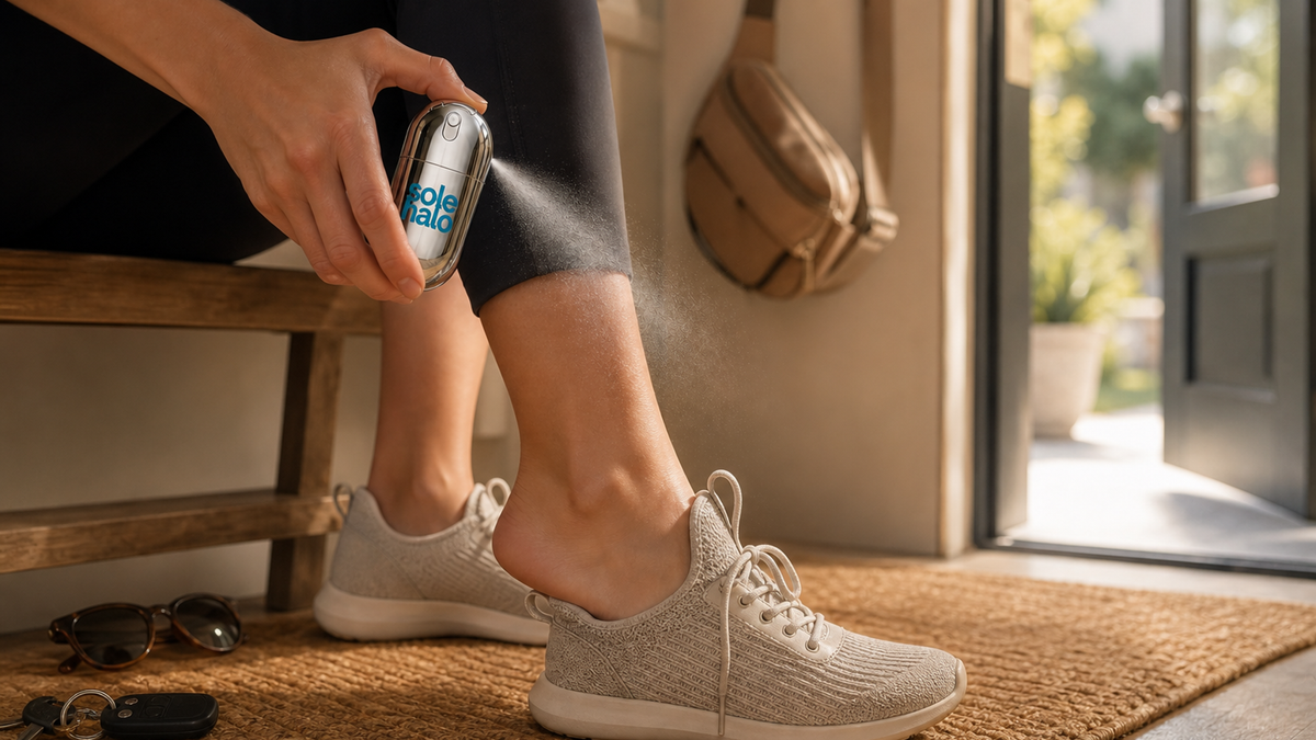 Cooling foot mist spraying over feet before a long day and again after, with heels and sneakers nearby.