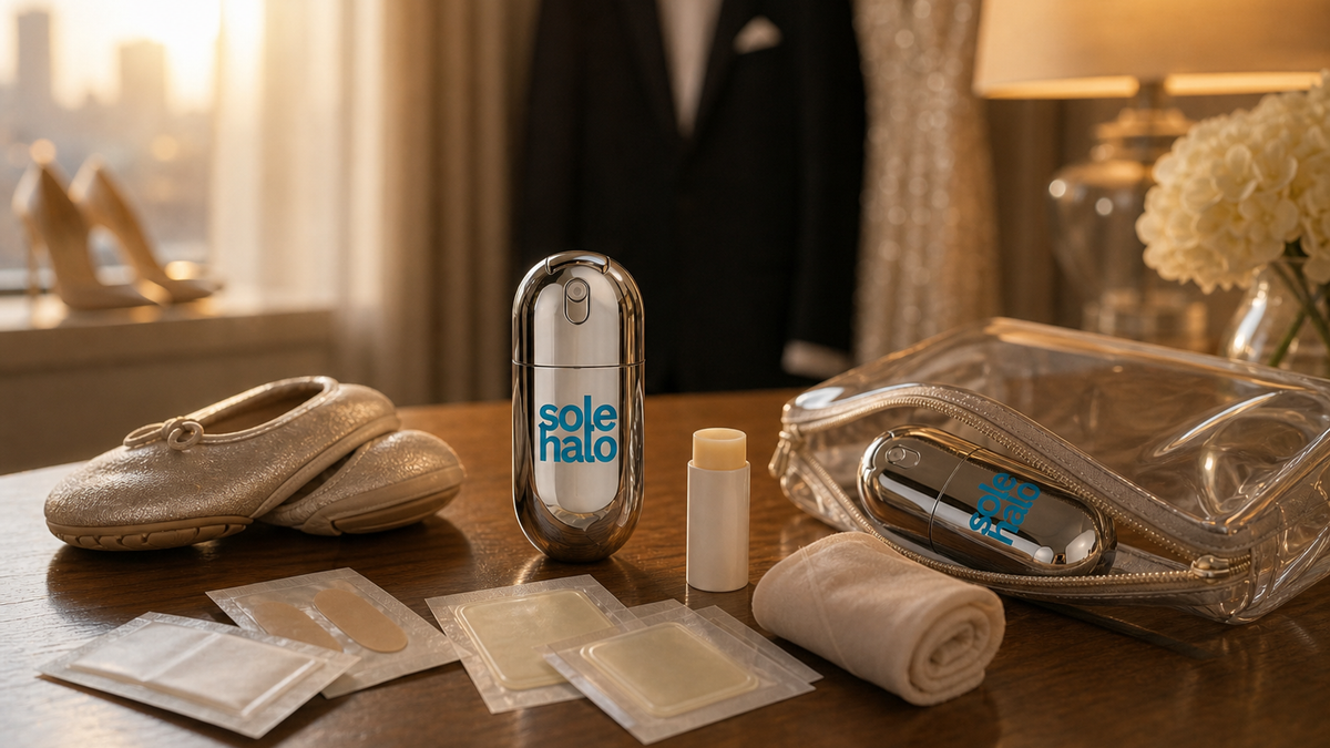 Evening shoes beside a tailored clutch with a compact cooling foot mist, blister cushions, heel grips, and foldable flats neatly packed inside.