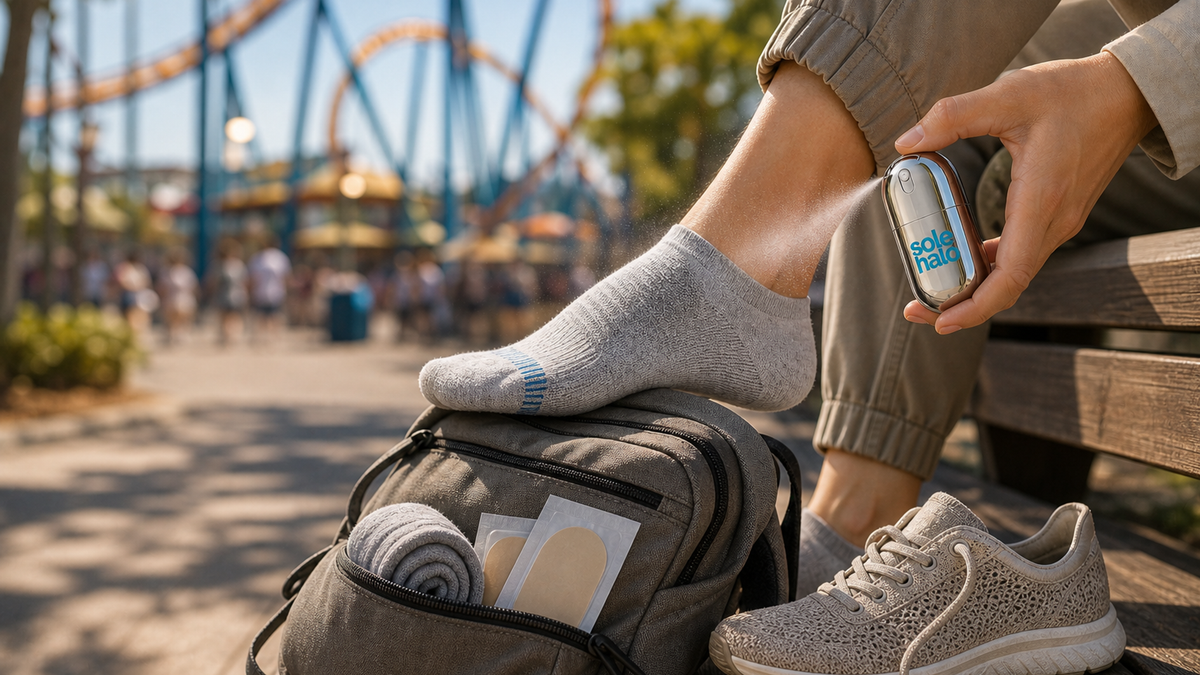 Close-up of a park-goer cooling their feet and calves with a portable mist during a shade break on a 20,000-step day.