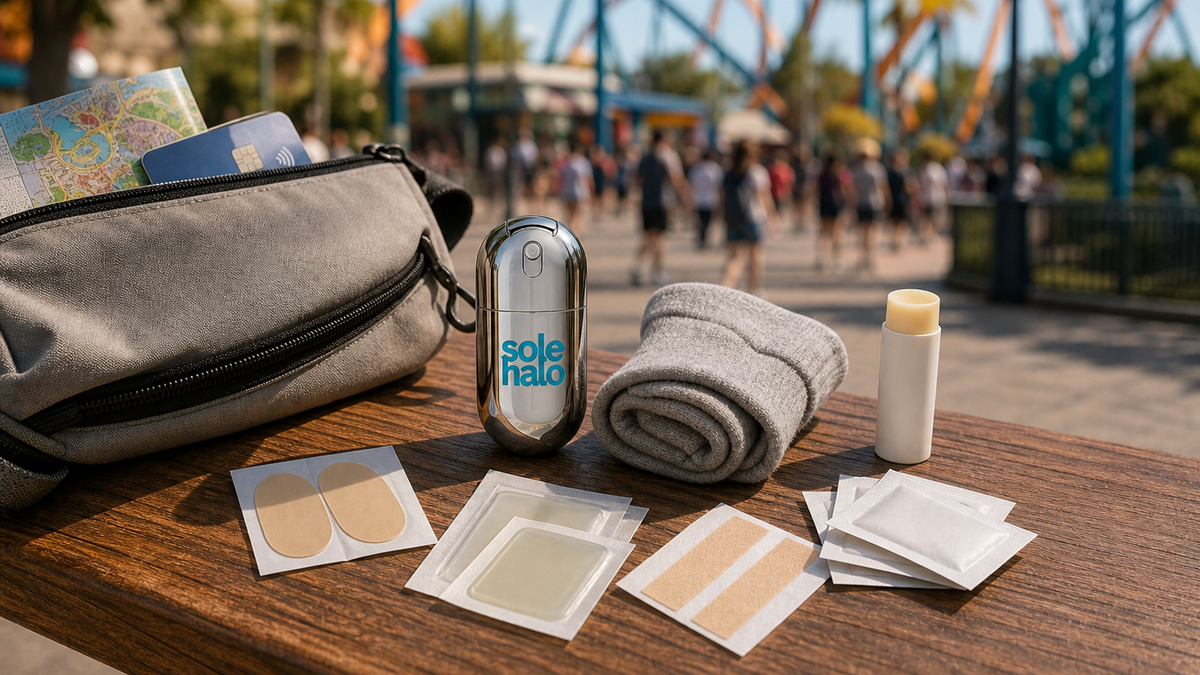 Parent organizing a compact foot-care kit on a hotel bed before a theme park day: spray, patches, tape, and spare socks.