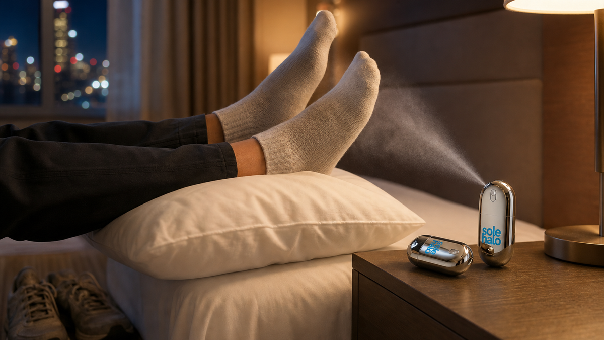 Flat lay of a lightweight travel foot-care kit with cooling spray, compact roller, spare socks, and blister pads arranged next to comfortable walking shoes.