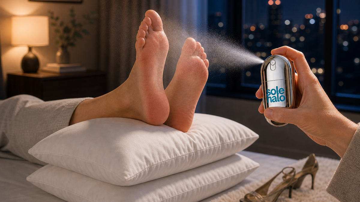 High heels kicked off by the door while someone cools their feet with a fine mist after a night out.