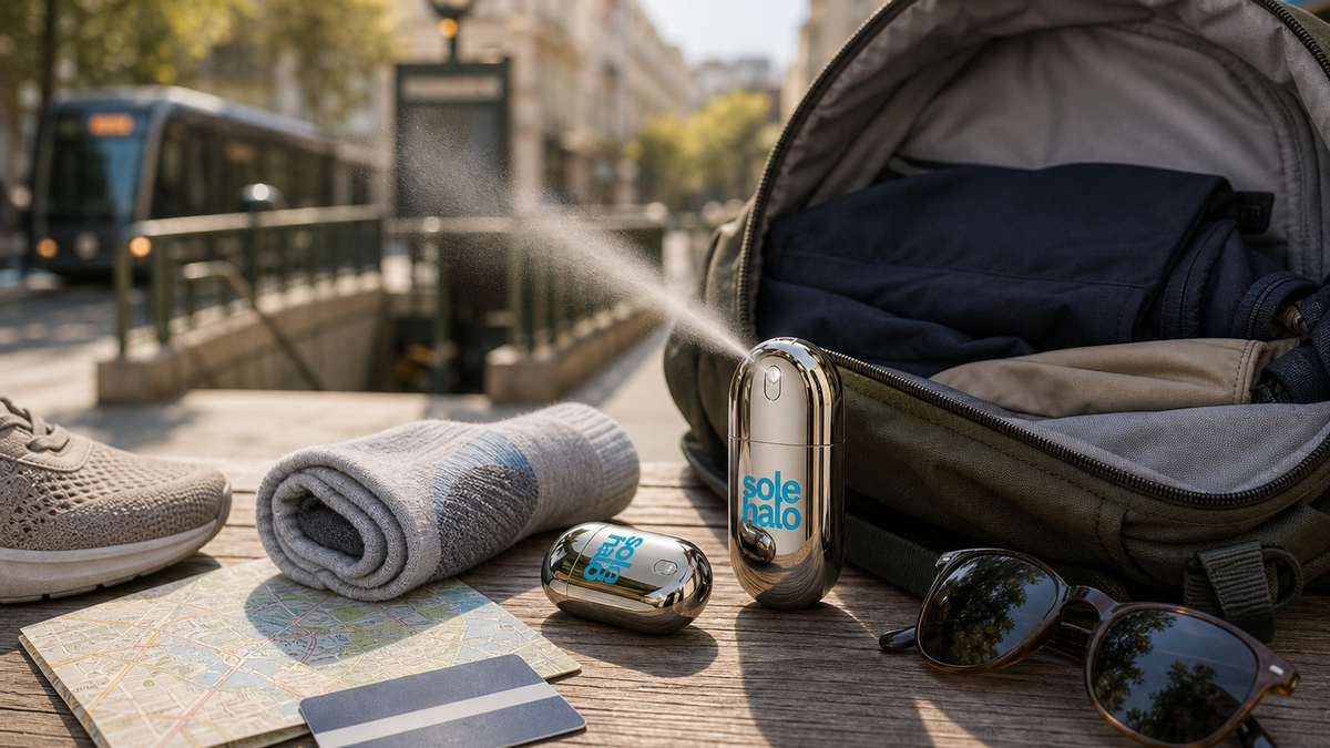 Close-up of comfortable travel sneakers beside a compact cooling mist bottle on a hotel windowsill overlooking a city skyline.