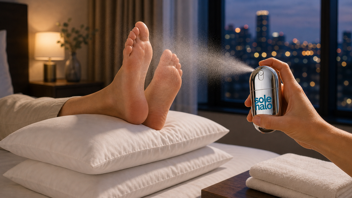 Evening hotel scene with a traveler elevating their feet on pillows and using a cooling foot spray after a long walking day.
