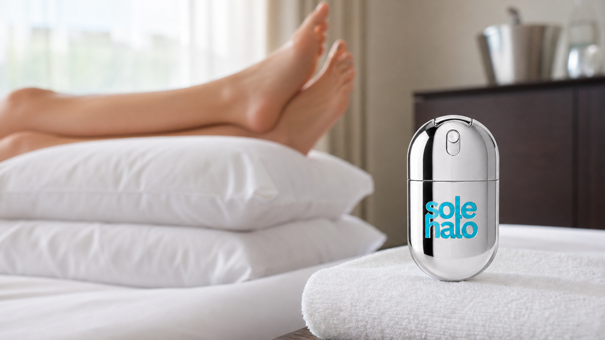 Hotel room scene with a traveler elevating their feet on pillows and applying a cooling mist to ankles and calves.