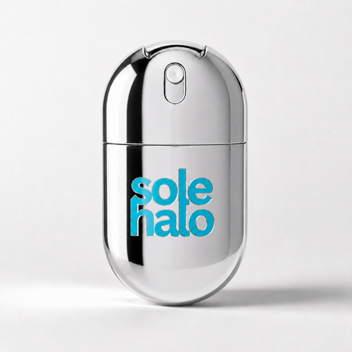 Sole Halo Sole Mate Cooling Mist bottle, 50ml chrome foot spray, on a white background