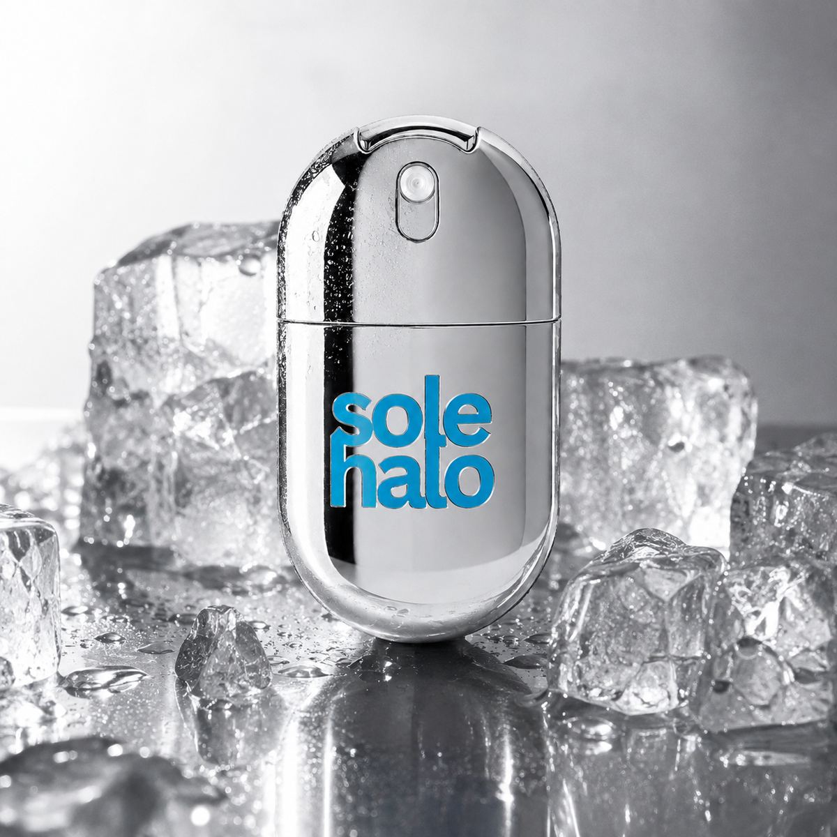 Sole Halo cooling foot mist bottle surrounded by ice cubes, showing its instant cooling effect